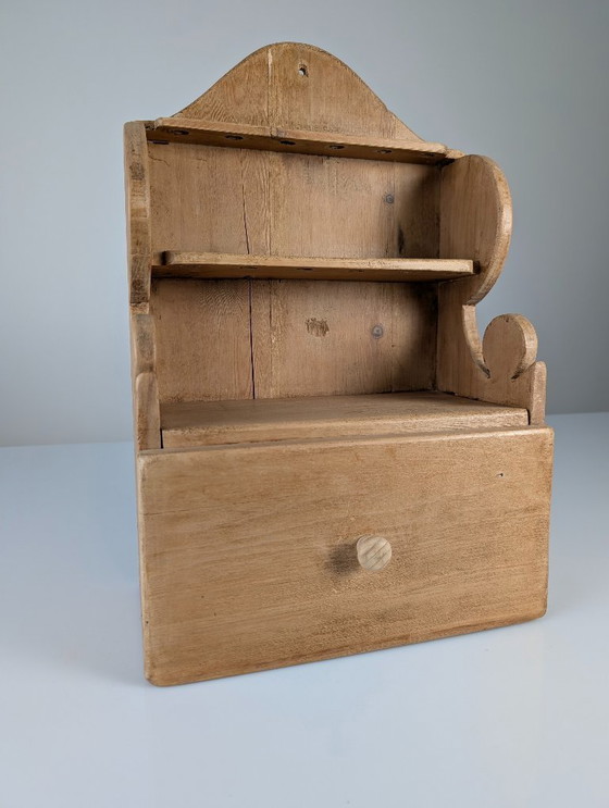 Image 1 of Hand-Carved Folk Art Pine Cutlery Rack with Drawer, 1950s