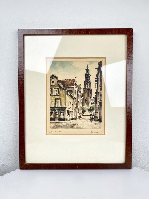 Kleine Vintage Kunstdruk van Amsterdam Westertoren en Grachtenpanden in Houten Vintage Lijst - Traditioneel Amsterdams Kunstwerk