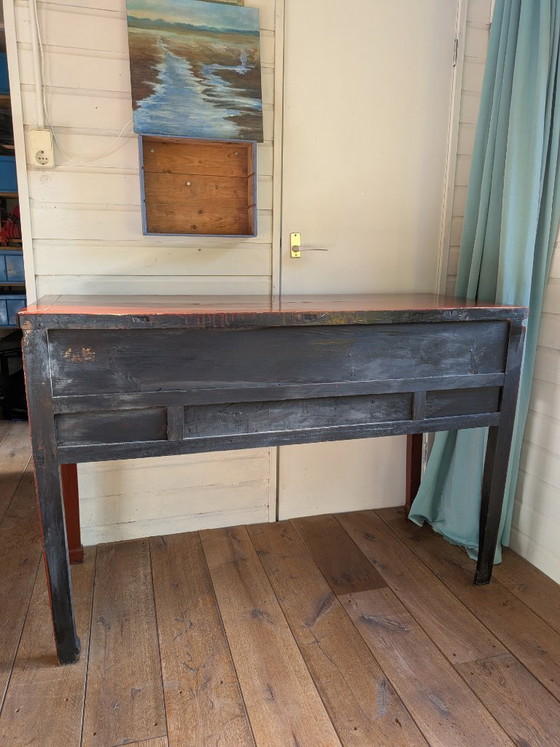 Console asiatique avec tiroirs, bois brun rougeâtre, Métal, Aziatisch (photo 2 sur 9)