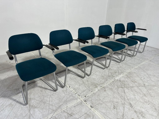 6x Artifort Lande Jami Stoelen - Buisframe Sledemodel - Bakeliet - Petrolblauw – eetkamerstoelen, Metal, Plastic