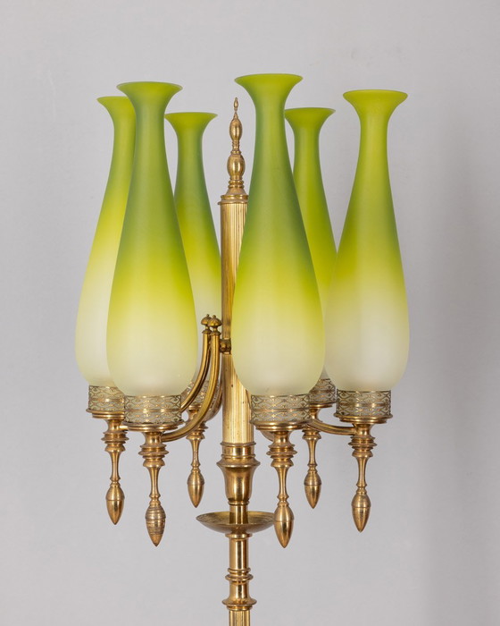 Image 1 of Vintage 50s Floor Lamp in Brass and Green Glass Italian Design