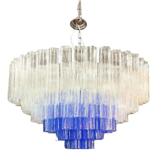 Luxe, grote, transparante en blauwe Murano glazen Tronchi statement kroonluchter
