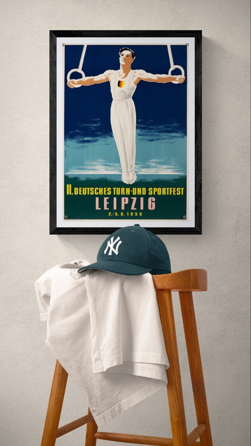 II Deutsches Turn und Sportfest Leipzig 1956 – Original Vintage Sports Poster by Bredow – Mid-Century Modern – 59.5x42 cm