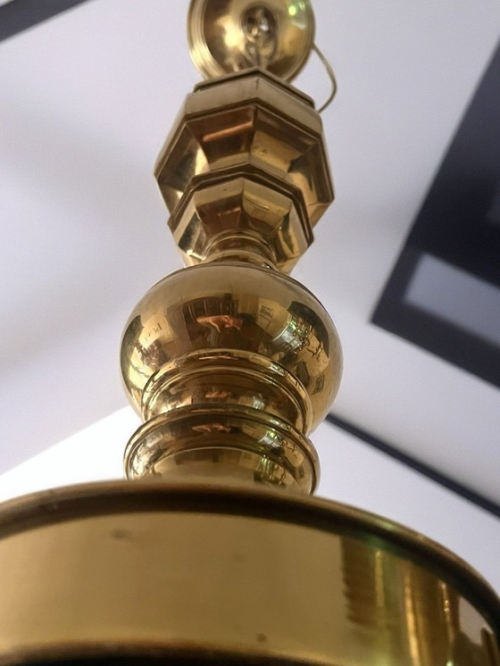 Image 1 of Lampadario in stile bouillotte in ottone massiccio del 1970 6 luci con paralumi neri