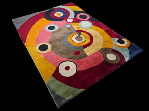 Sonia Delaunay Rythme Joie de Vivre handgeweven wollen vloerkleed | Vintage kunsttapijt | 79 × 106 inch (photo 2 of 9)
