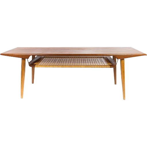 Tavolino da caffè vintage in teak e mensola in corda di carta, Danimarca 1960