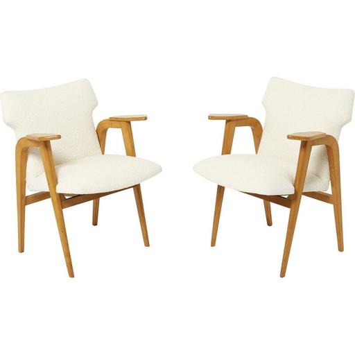Coppia di poltrone vintage a compasso in legno di quercia e lana bouclette di Roger Landault, 1950