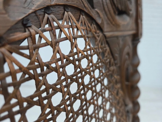 Image 1 of Jaren 30, Deense fauteuil met hoge rugleuning, meubelstof, velours, handgesneden eikenhout.