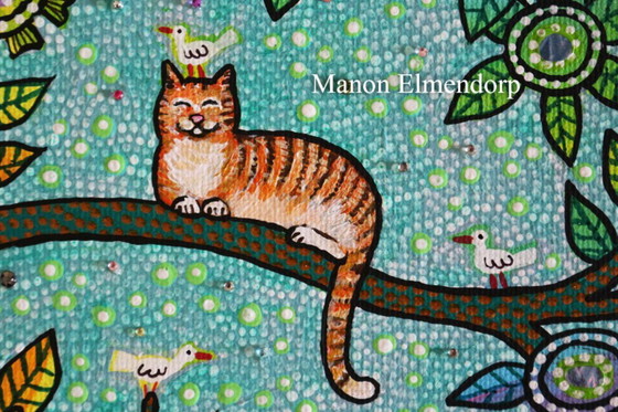 Image 1 of Hand-painted Small Painting Cat & Birds New 20x20 cm