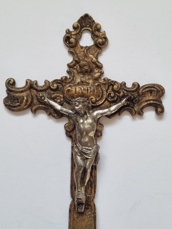 Image 1 of Antique crucifix / wall cross – Neo-Baroque circa 1900, brass, gilded & silver-plated