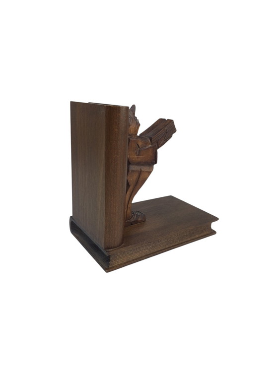 Image 1 of Serre-livres antique en bois sculpté à la main années 40 années 50