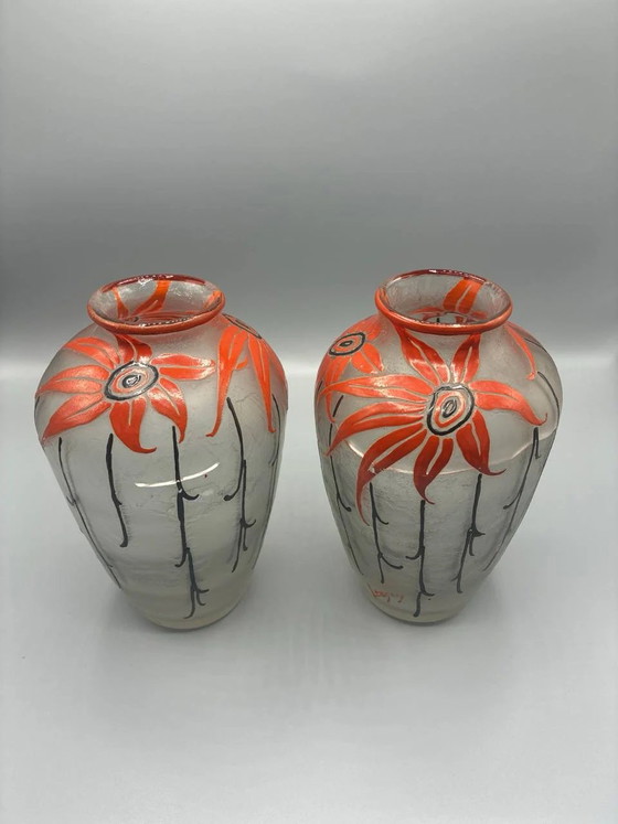 Pair of Legras Vases – Red Floral Enameled Glass – Art Deco – Glass & Decanter (photo 5 of 5)