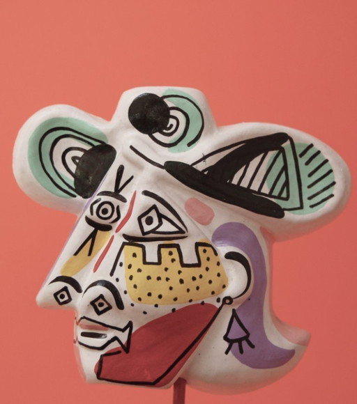 Vintage Picasso style paper mache mask with matching stand