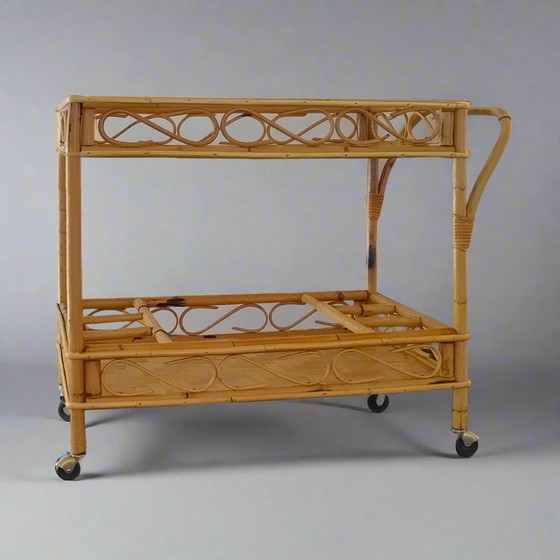 Image 1 of 1960s Gorgeous and Elegant Serving Bar Cart in Bamboo & Rattan by Franco Albini, Made in Italy