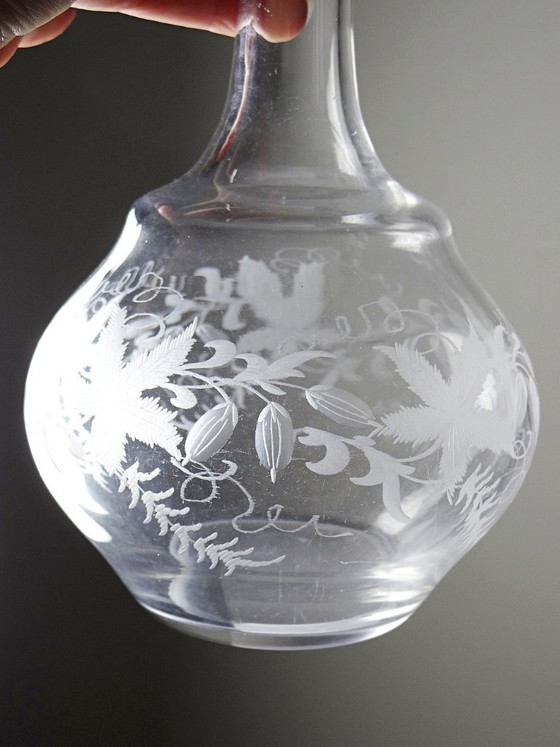 Image 1 of Antique engraved crystal decanter with vegetal decoration, Bohemian 19th-20th century
