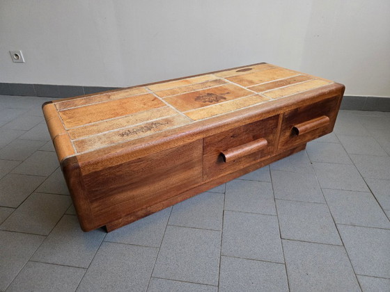 Image 1 of Vintage 1970s Ceramic Coffee Table with Solid Oak Top and 3 Drawers, DLG Capron