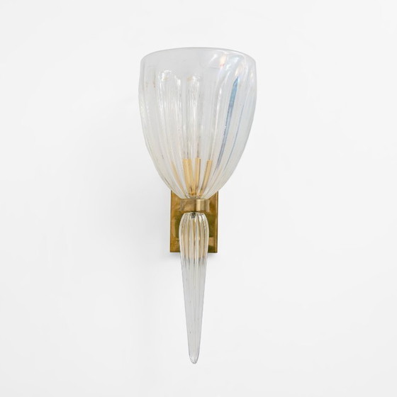 Image 1 of Pair of Italian Murano Iridescent Glass and Brass Wall Sconces