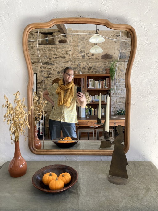 Art Nouveau spiegel, gebogen houten frame en geslepen glas