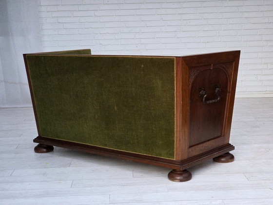 Image 1 of 1950s, Danish 2-seater sofa, original green furniture velour, oak wood.