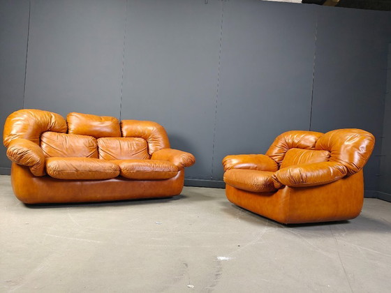 Image 1 of Ensemble de canapés en cuir italien du milieu du siècle par Ercole Biella pour Grappeggia, 1970