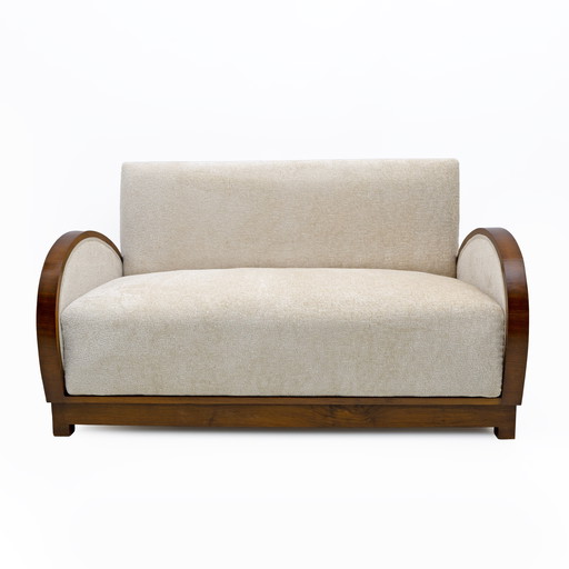 Art Deco Bouclè and Walnut Loveseat, Italy, 1930s