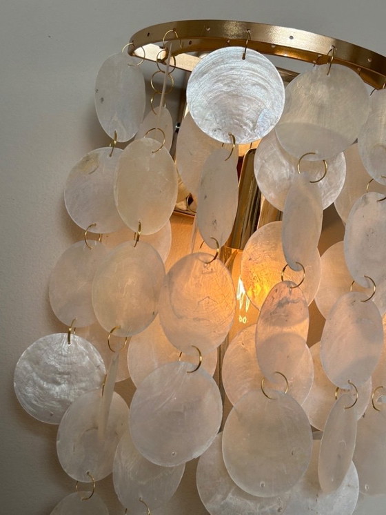 Image 1 of Set of 2 Capiz Shell Wall Lights Pearl Opaline Gold Frame