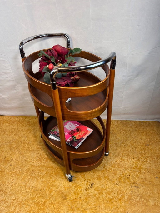 Vintage Rounded Wood Teak veneer Serving Trolley — Stylish Bar Cart with Chrome Handles  timeless elegance 
