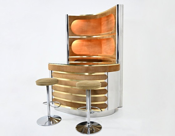 Image 1 of Set da bar con 2 sgabelli attribuito a Willy Rizzo, anni '70