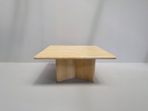 Image 1 of Vintage Travertine Coffee Table – Solid Square Stone Table with Cross Base – Postmodern 1970s Design
