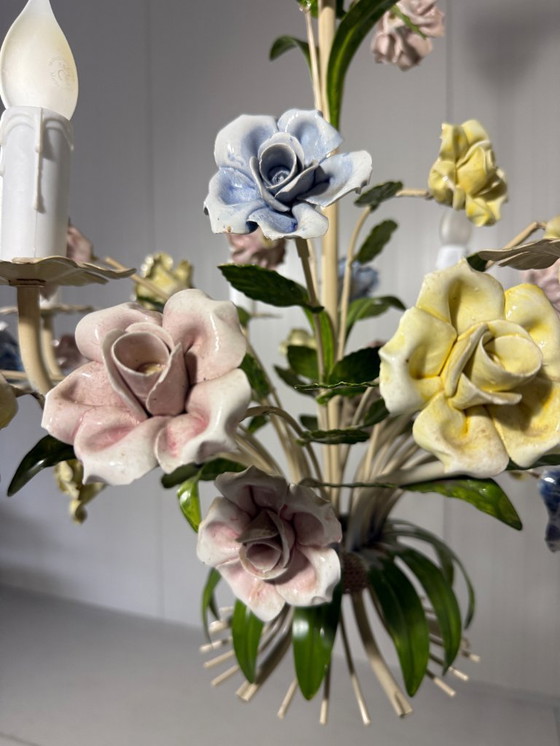 Image 1 of Italian chandelier with porcelain flowers 1950s