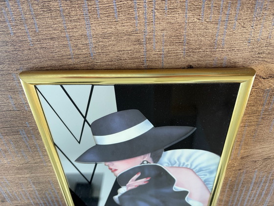 Pair of Hollywood Regency 'Glam Girl' mirror prints by Ferraro (80s), Glass art, Glass, Multi Color (photo 9 of 11)