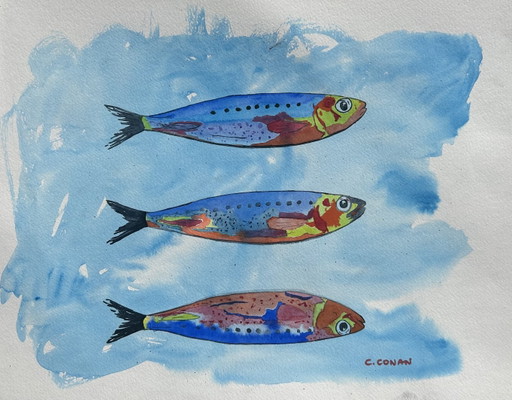 Bunte Sardinen Aquarell 30x40 cm