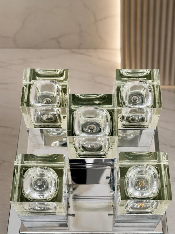 Image 1 of Mid-Century Modern Chrome and Textured Glass Sconce / Flush Mount Ceiling Lamp by Gaetano Sciolari, 1960s