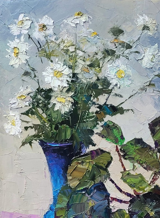 Image 1 of Dipinto ad olio originale: Natura morta con fiori, begonie e margherite.