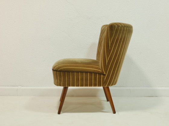 Image 1 of Vintage Cocktailsessel 60er Jahre, Mid Century Sessel, gestreifter Polsterstoff Oliv Braun Creme, Lounge Chair Germany