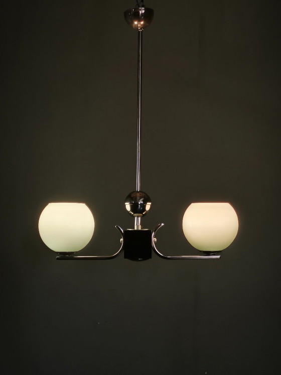 Image 1 of Art Deco Chrome and Opaline Glass Chandelier, Czechoslovakia, 1930s
