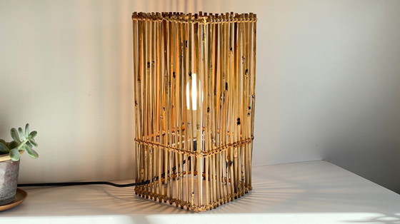 Image 1 of LAMP Cube Wood and Wicker VINTAGE