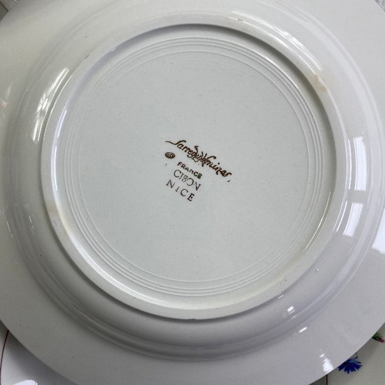 Image 1 of Set of 6 antique Sarreguemines earthenware soup plates, Cibon Nice pattern, flowers and gilding