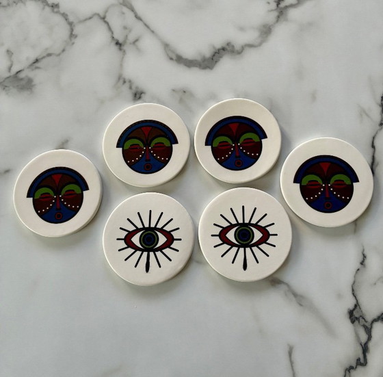 Image 1 of Juego de 6 posavasos de cerámica con motivos étnicos.