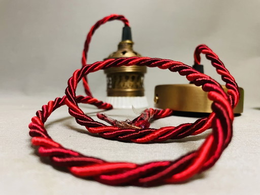 Antique brass and porcelain E40 Lamp Socket with Red Twisted Silk Electrical Cable, 1900s