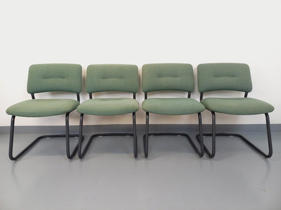 Image 1 of Suite of 4 Vintage Steelcase Style Marcel Breuer Cesca B32 Chairs in Dark Grey Metal and Green Fabric