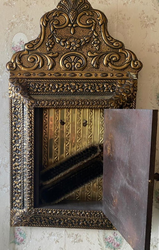 Image 1 of Antique hall brush cabinet with mirror – repoussé brass