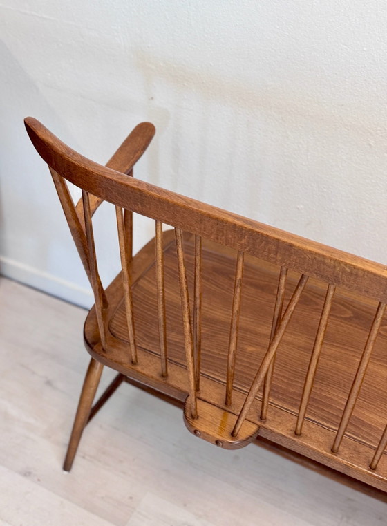 Vintage mid-century wooden slatted bench 1960s, Benches, Brown (photo 5 of 13)