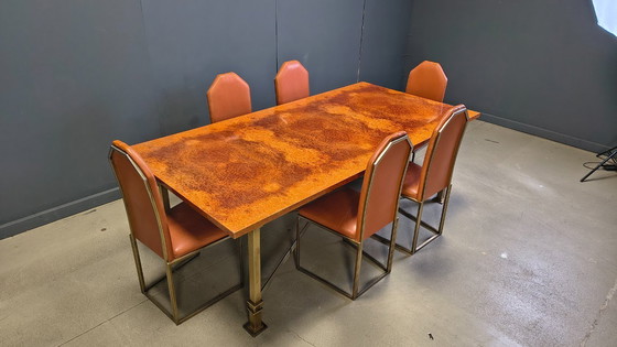 Image 1 of Table de salle à manger vintage en loupe de bois et laiton, signée Belgochrom, années 1970