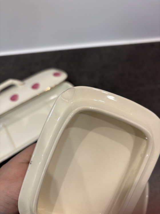 Image 1 of Vintage Boch Frères La Louvière Belgian Bathroom Set — Pink Polka Dot & Stripe