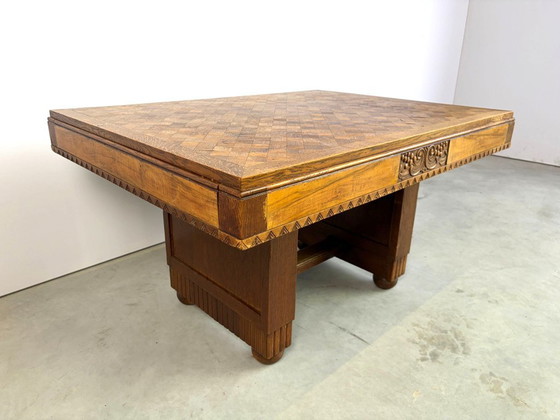 Table de salle à manger en marqueterie de chêne, années 1940 - France – Tables de salle à manger, Wood (photo 12 of 12)