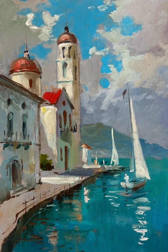 Image 1 of Original Oil Painting Summer City Landscape City on the water and white sails