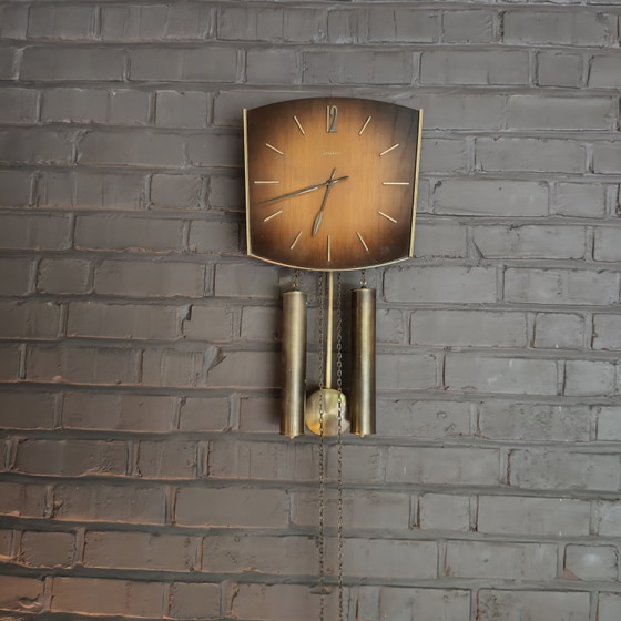 Image 1 of Vintage Junghans Mid-Century Wall Clock – German Brass Pendulum Clock