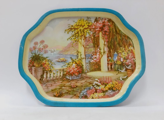 Image 1 of Vassoio in latta vintage, design del paesaggio marino