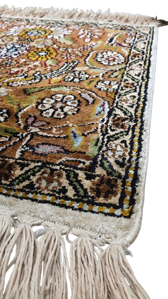 Image 1 of Handgeknoopt oriental zijde Kashmir tapijt mini square Birds 39x39cm